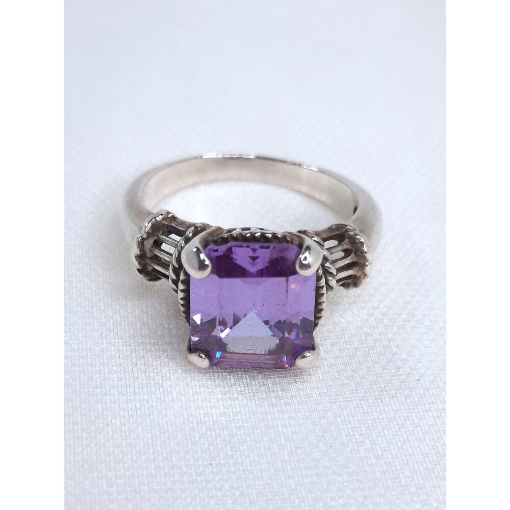 Emerald Cut Amethyst Ring Sterling Silver 925 Vintage 4 Prong Setting Cocktail